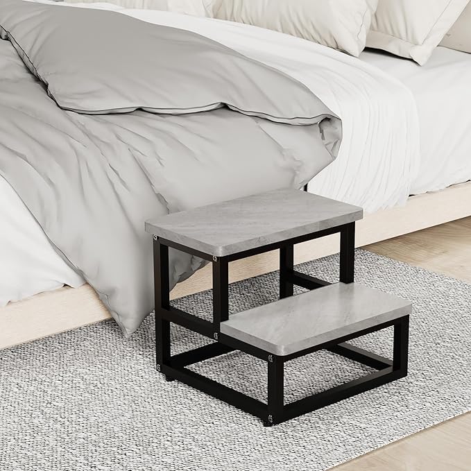 Step Stools, Heavy Duty Stepping Stool for Kids Adults, Non-Slip Metal and Wooden 2 Steps Foot Stool for High Beds and Kitchen, Round Corner, 500 Lbs Capacity, Cement Gray