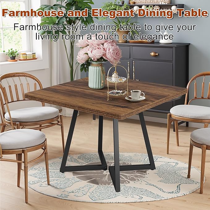 Square Dining Table for 4, 31.5-Inch Farmhouse Dinner Table Wooden Kitchen Tables with Metal Base for Dining Room, Kitchen, Living Room, Brown