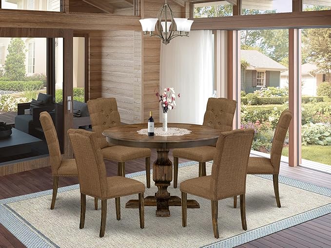 East West Furniture F3EL7-718 7 Piece Kitchen Table Set Consist of a Round Dining Table with Pedestal and 6 Brown Linen Linen Fabric Parsons Dining Chairs, 48x48 Inch, Distressed Jacobean