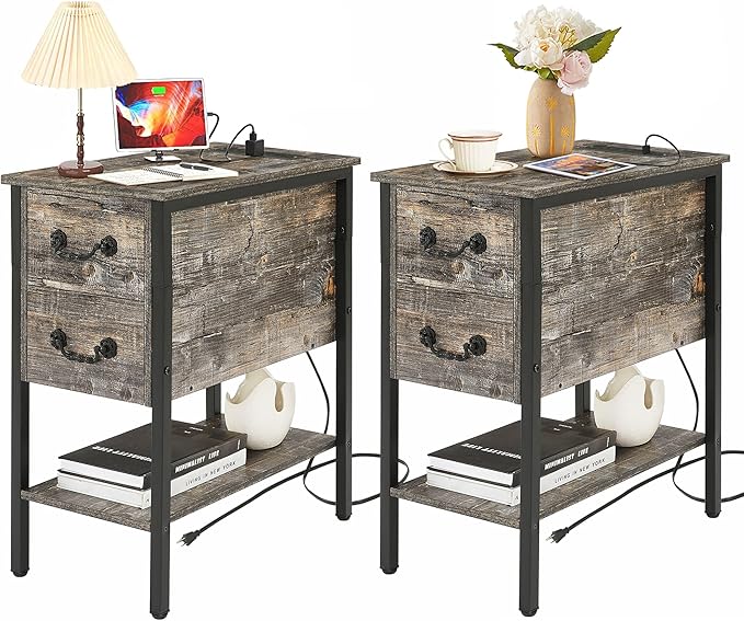 VECELO End Tables,Narrow Nightstands with Charging Station & USB Ports &Drawers,Night Stand for Living Room, Bedroom,Graylish