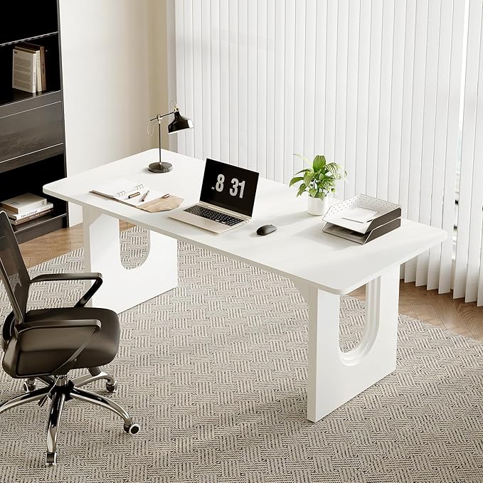 LITTLE TREE 70.8-Inch Home Office Desk, White Computer Desk with Storage, Study Writing Work Desk for Home Office, Spacious Modern Simple Desk,White