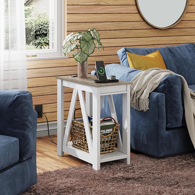 WLIVE Farmhouse End Table, Narrow Side Table with Charging Station, Slim End Table, Side Table for Bedroom, Living Room, Small Spaces, with 2 USB and 2 Power Outlets, 11.8" D x 23.6" W x 23.74" H