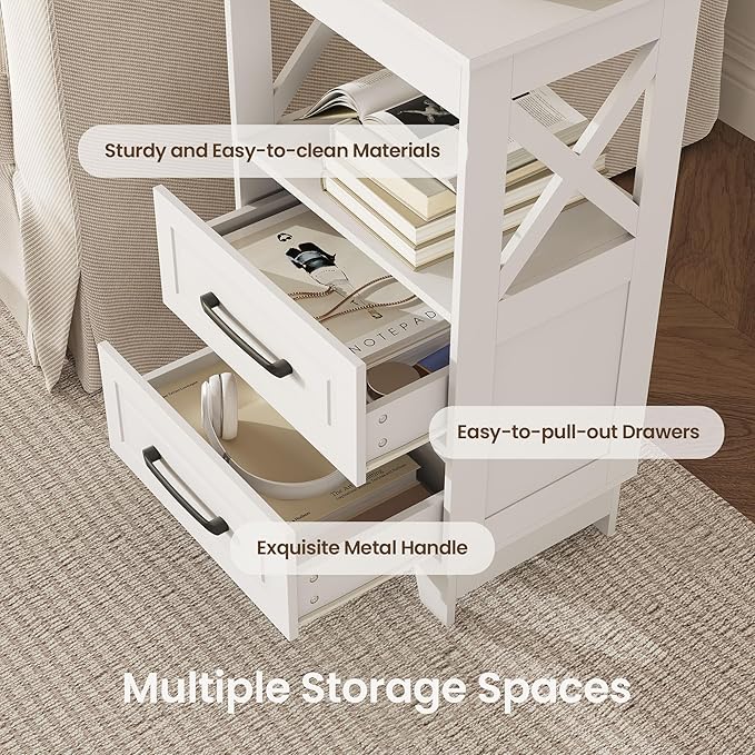 Tall Nightstand Set of 2 Side Table with 2 Drawers Modern Night Stand Wooden End Table Bedside Table with Upper Open Shelf Solid Feet for Bedroom, Living Room, White