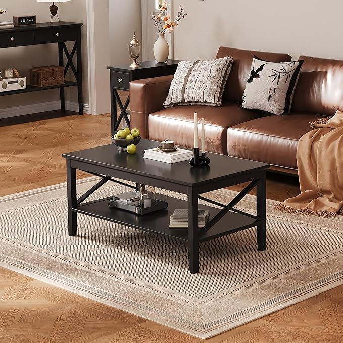 ChooChoo Oxford Coffee Table with Thicker Legs, Black Wood Coffee Table with Storage for Living Room