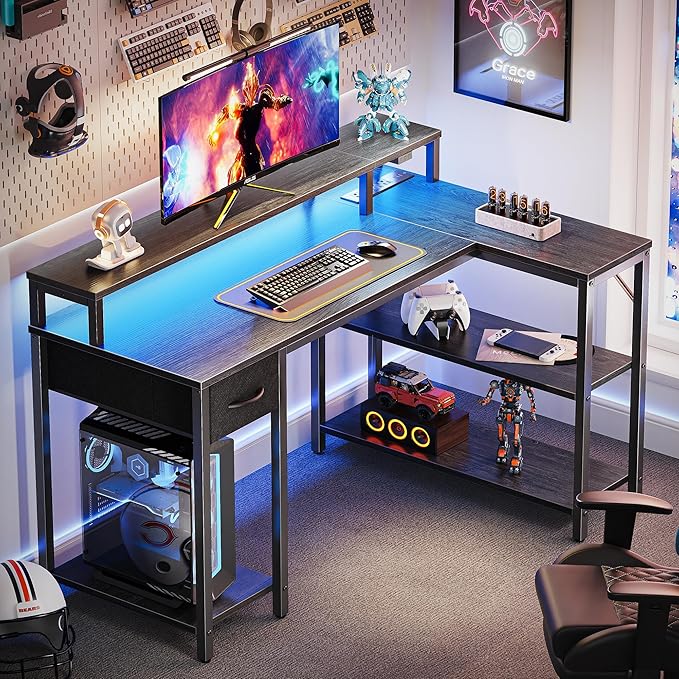 SUPERJARE 47 inch Reversible L Shaped Desk with LED Lights & Power Outlets, Computer Desk with Shelves & Monitor Stand, Gaming Desk with Drawer, Home Office Desk Corner Desk, Grey