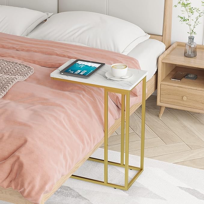 Yusong C Shaped End Table, Couch Side Table That Slide Under Sofa Bed, Small Table for Small Spaces, Skinny Overbed Table for Coffee Drink Snack, Living Room, Gold and White Marbled Wooden Top