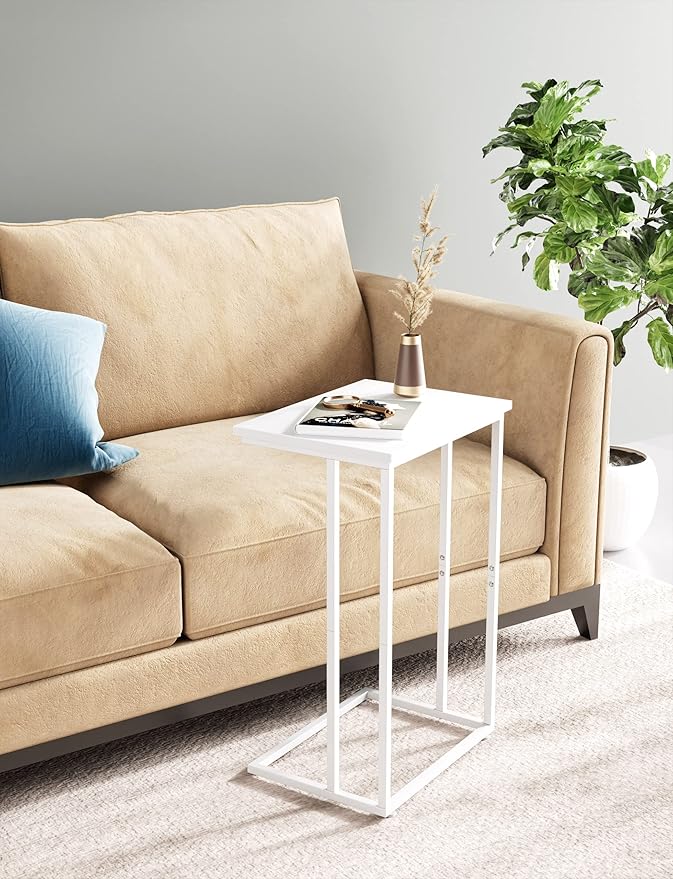 Innerjoin Wide C Side Table,C Couch Table with Metal Frames, Small Snack End Table for Couch and Bed, Retro Laptop C Table, Living Room and Bedroom, Industrial Style, White