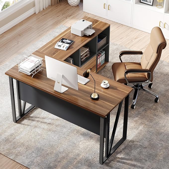 LITTLE TREE 55-Inch L-Shaped Computer Desk, Large Corner Desk with Drawers, Modern Office Workstation Study Desk, Corner Computer Desk for Home Office, Bedroom, Brown