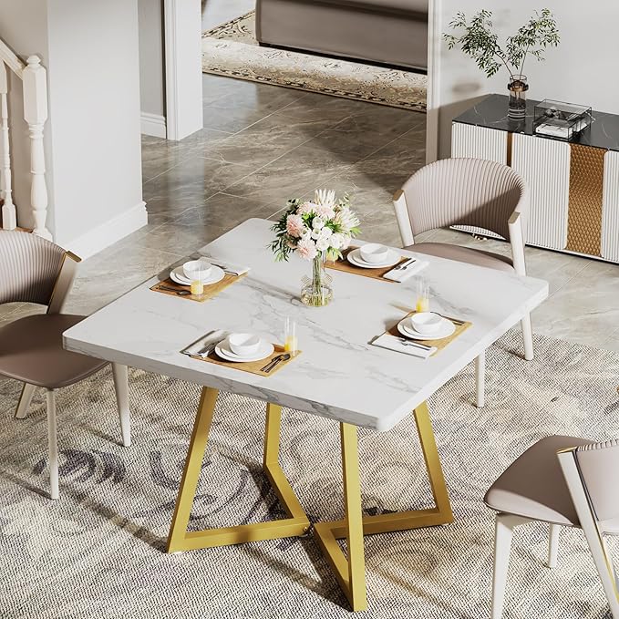 Tribesigns Square Dining Table for 2, 31.5" Modern Dinner Table with Metal Base, Kitchen Table for Dining Room, Small Space, Apartment, White & Gold