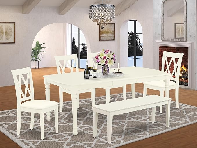 East West Furniture DOCL6-LWH-C 6 Piece Modern Dining Table Set Contains a Rectangle Wooden Table with Butterfly Leaf and 4 Linen Fabric Dining Chairs with a Bench, 42x78 Inch, Linen White