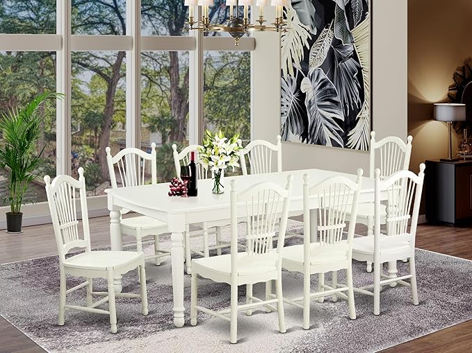 East West Furniture DOVE9-LWH-W 9 Piece Dining Room Furniture Set Includes a Rectangle Wooden Table with Butterfly Leaf and 8 Kitchen Dining Chairs, 42x78 Inch, Linen White