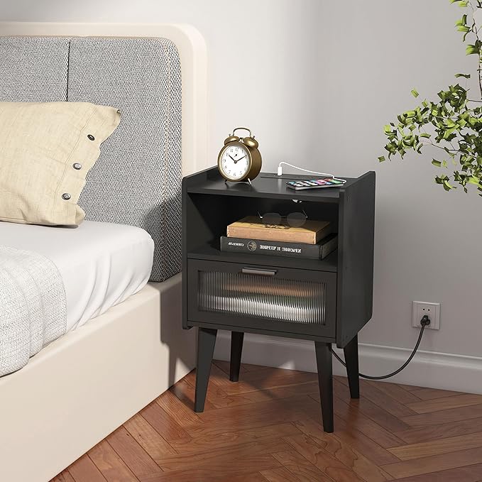 Nightstand with Charging Station, Bedside Tables, End Table Side Table with 2 Tiers Storage Space, for Bedroom, Living Room, Black CAMLBZ07BE