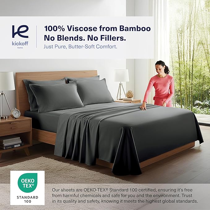 Kickoff Viscose Bamboo Sheets King Size 4-pc 100% Organic Bamboo Viscose Bed Cooling Sheets King Size Set Cool Bedding for hot Sleepers Sheet, Flat, Fitted, Pillowcases (Pewter,K)
