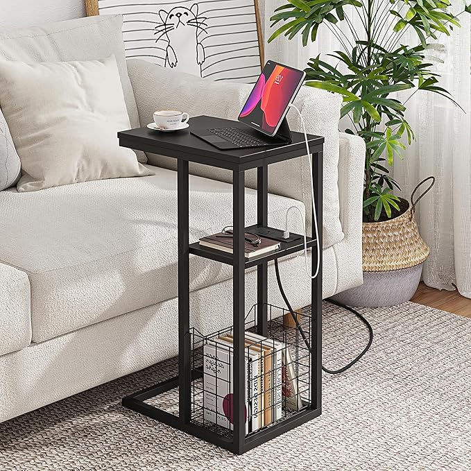 Vagusicc C Shaped End Table with Charging Station, Side Table for Couch, Small Side End Table for Small Spaces, 28" High Slide Under Sofa Table for Coffee, Tv Tray Table for Living Room, Black