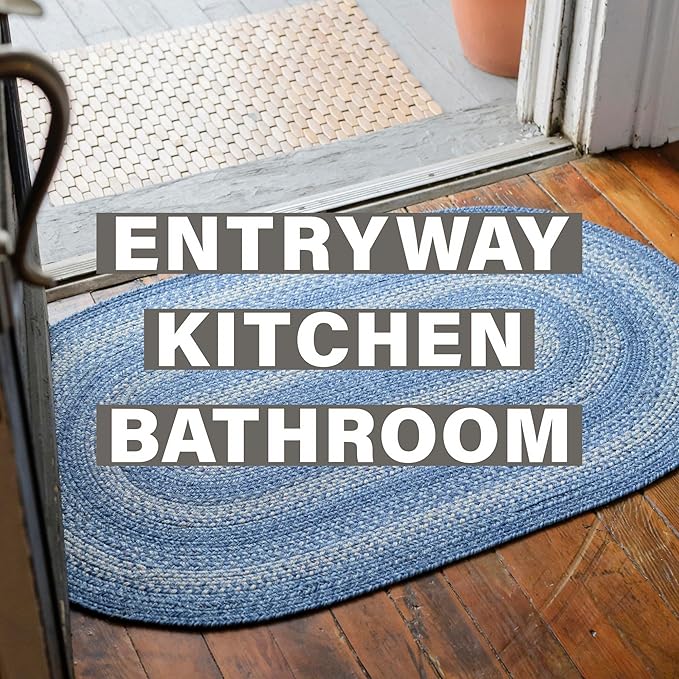 Denim Blue Oval Braided Rug, 2x3' - Handmade with Jute, Coastal Country Decor, Perfect for Bathrooms and Entryways - Reversible and Easy to Clean