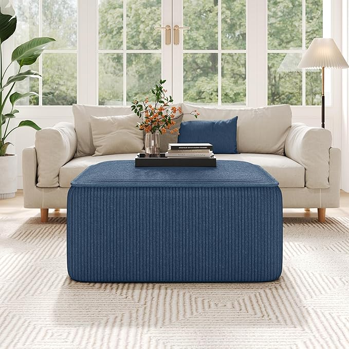 Christopher Knight Home Isa Corduroy Ottoman Footstool, Square Pouf Poufee Footrest Ottoman Large Seat, Modern Side Table for Living Room Bedroom Home Decor, Navy Blue, 30"