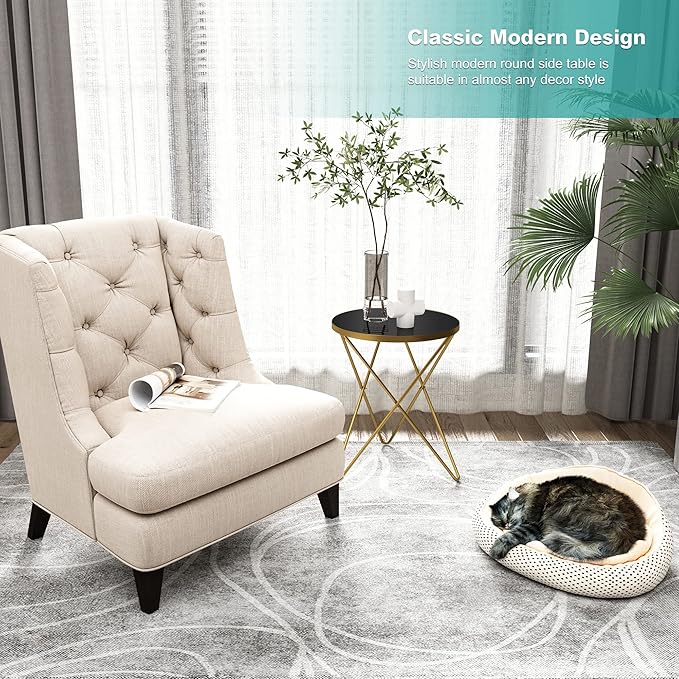 HLR Modern Round Side Table Set of 2, End Table with Marble Effect Top and Gold Metal Frame, Small Side Table for Living Room, Bedroom, Sofa and Couch, Gold Legs, Black Glass top