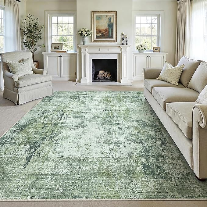 9x12 Area Rug Dark Green Modern Neutral Abstract Living Room Bedroom Indoor Floor Carpet Low Pile Soft Non-Slip Lightweight Vacuumable Washable Large Throw Rug for Nursery Dining Room