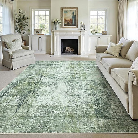 9x12 Area Rug Dark Green Modern Neutral Abstract Living Room Bedroom Indoor Floor Carpet Low Pile Soft Non-Slip Lightweight Vacuumable Washable Large Throw Rug for Nursery Dining Room