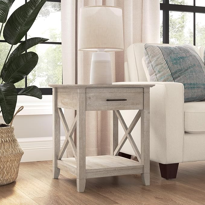 Bush Home End Table with Drawer, Nightstand with Storage, Living Room and Bedroom Furniture, Key West Collection, Washed Gray