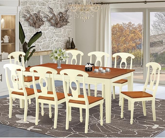 East West Furniture QUKE9-WHI-W 9 Piece Dining Room Furniture Set Includes a Rectangle Kitchen Table with Butterfly Leaf and 8 Dining Chairs, 40x78 Inch, Buttermilk & Cherry