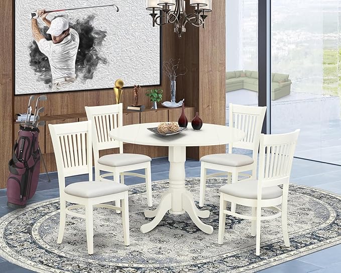 East West Furniture DLVA5-LWH-C 5 Piece Dining Table Set for 4 Includes a Round Kitchen Table with Dropleaf and 4 Linen Fabric Kitchen Dining Chairs, 42x42 Inch, Linen White