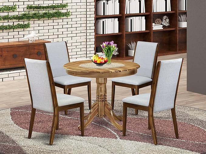East West Furniture ANLA5-ANA-05 5 Piece Dining Room Table Set Includes a Round Kitchen Table with Pedestal and 4 Grey Linen Fabric Parson Dining Chairs, 36x36 Inch, Natural