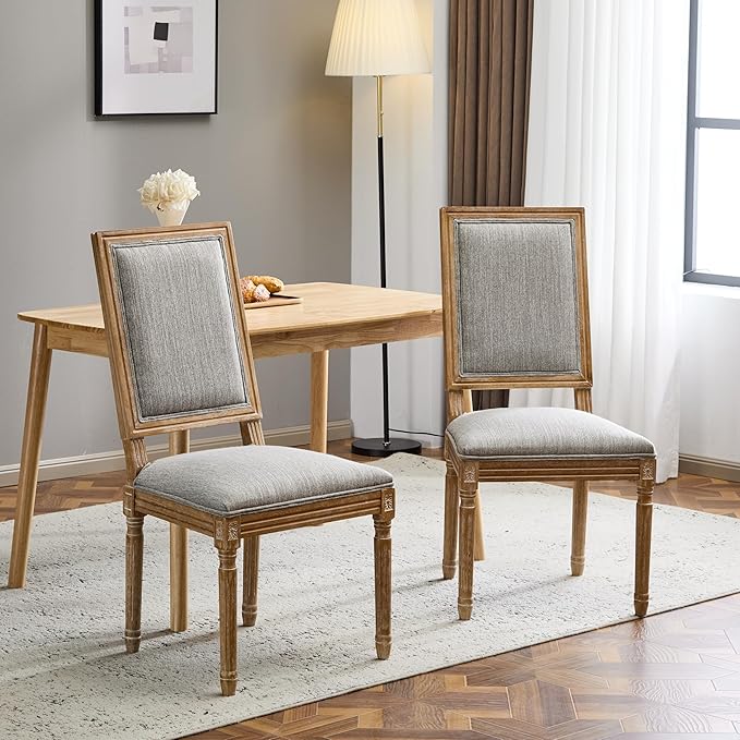 Christopher Knight Home Regina French Country Dining Chairs Set of 2, Wooden Dining Room Chair, High Back Kitchen Side Chair, Fabric Upholstered Armless Extra Seat, Grey and Natural