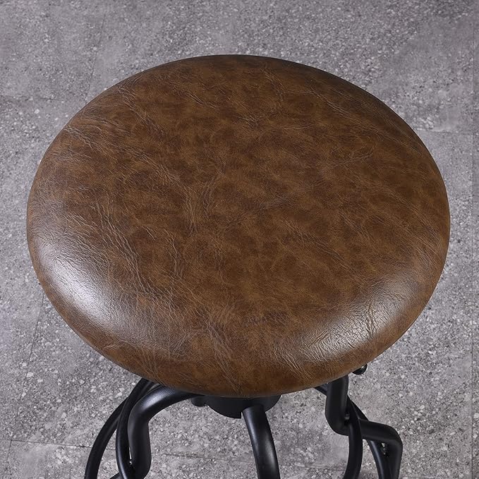 Diwhy Industrial Vintage Counter Stool, Kitchen Counter Height Adjustable Swivel Chair, Metal Frame Stool, 20.47-26.77 Inch, Fully Welded Base, Brown PU Upholstered, Set of 2