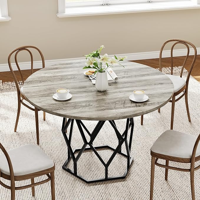 GarveeHome Round Dining Table for 4-6 People, 47 Inch Farmhouse Kitchen Table, Sturdy Metal Base, Industrial Wood Dinning Room Table for Kitchen, Grey
