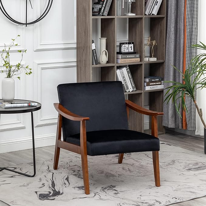 Container Furniture Direct Accent Chair with Velvet Upholstery and Solid Wood Frame, Classic Mid-Century Modern Living Room Furniture for Extra Seating, Black