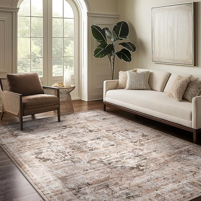 GENIMO 6x9 Area Rugs for Living Room, Machine Washable Non Slip Vintage Retro Rugs, Low Pile Lightweight Thin Print Rug for Bedroom, Dining Room, Home Office, Brownishi Drab