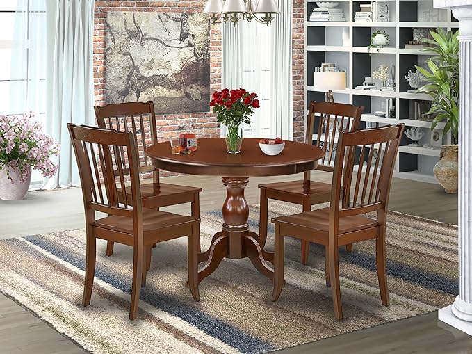 East West Furniture HBDA5-MAH-W 5 Piece Dining Set Includes a Round Dining Table with Pedestal and 4 Kitchen Chairs, 42x42 Inch, Mahogany
