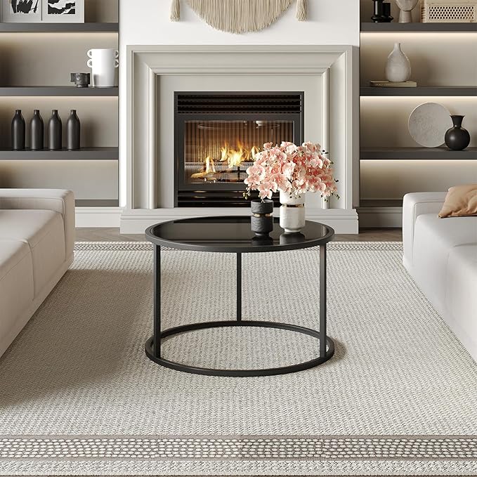 SAYGOER Black Glass Coffee Table Small Round Coffee Tables 27.6In Modern Tempered Glass-Top Accent Center Table for Living Room Home Office Small Space Easy Assembly