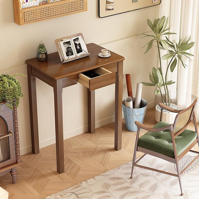 Solid Wood Desk with Drawers - 24 x 16 Inch Vintage Narrow Desks, Mid Century Modern Desks, Rubber Wood Study Table, Small Writing Desk for Bedroom|Small Spaces - Walnut Color