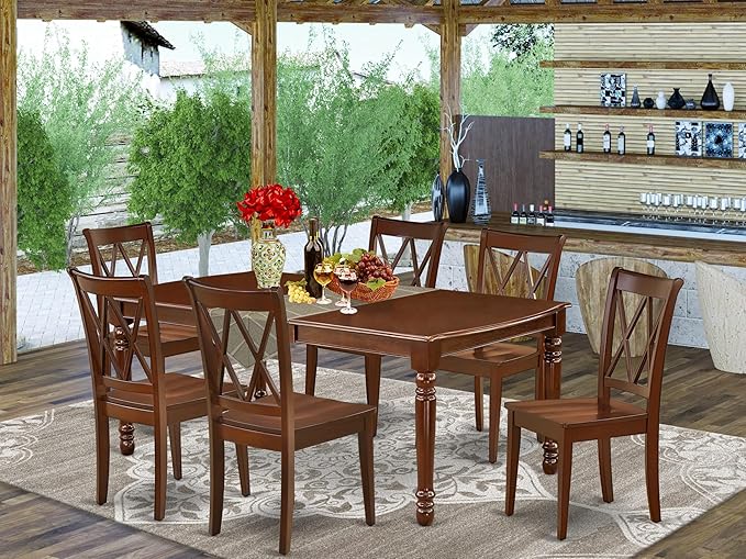 East West Furniture DOCL7-MAH-W 7 Piece Dining Table Set Consist of a Rectangle Dining Room Table with Butterfly Leaf and 6 Wooden Seat Chairs, 42x78 Inch, Mahogany