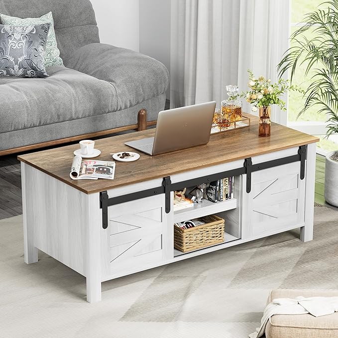 YESHOMY Coffee Table with Sliding Barn Doors & Storage, Wooden Center Rectangular Cabinet with Adjustable Shelves, for Livingroom, Bedroom, Home Office, White
