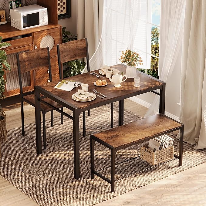 Shahoo Kitchen Table and 2 Chairs for 4 with Bench, 4 Piece Dining Sets for Small Space, Rust Brown