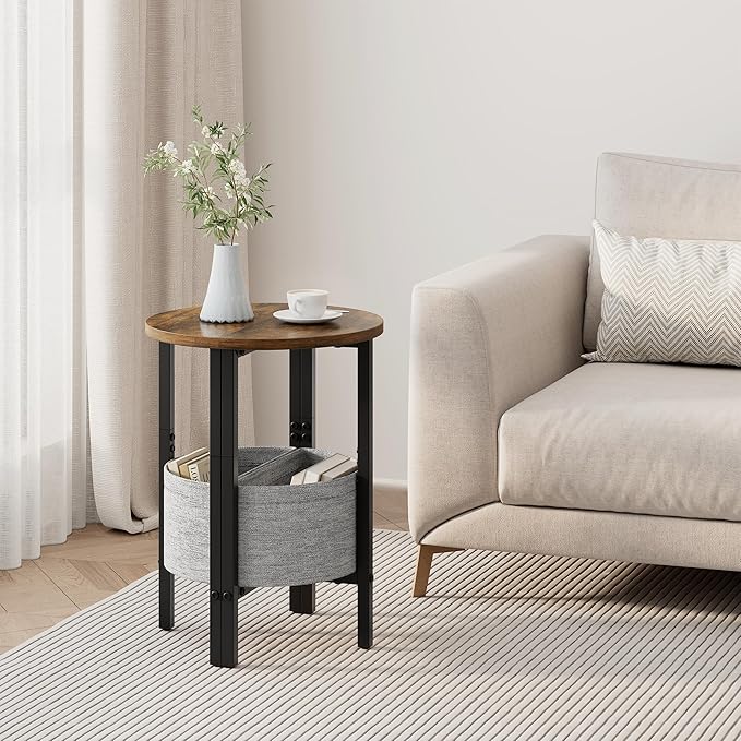 Vagusicc Small Round Side Table, Accent End Table with Storage Basket, Set of 2 Half Round Tables End Table, Coffee Bedside Table Half Moon Tables, Modern Nightstand for Living Room Bedroom, Brown
