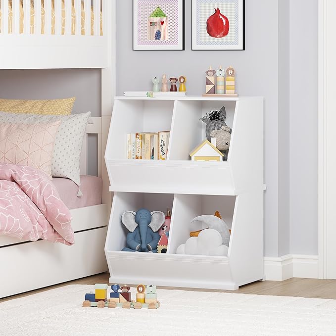 UTEX Stackable Toy Storage Cabinet, Wooden Cubby Organizer, White Shelf for Playroom, Bedroom, Living Room, Nursery, 2 Cubes