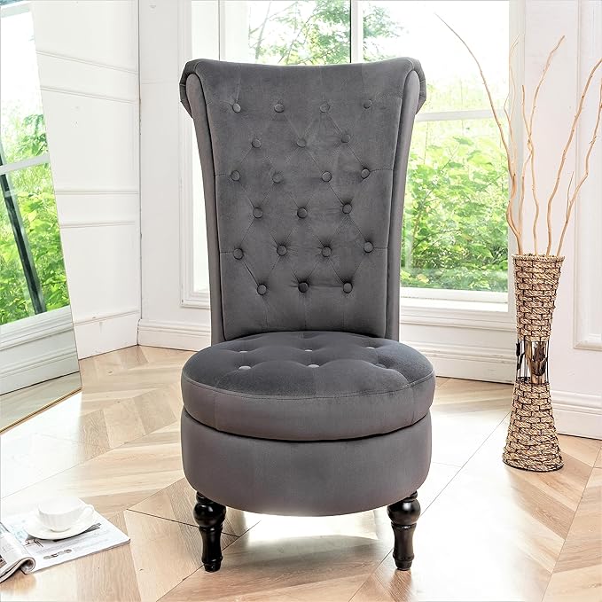 Container Furniture Direct Royal High-Back Velvet Accent Chair for Vanity with Storage and Luxurious Upholstery, Retro Design and Versatile Usage for Livingroom, Bedroom, Lounge and Office, Grey