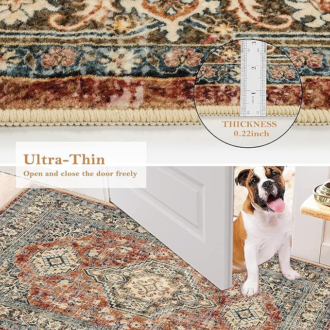 Lahome Oriental Small Area Rug, 2x4 Washable Entryway Rug Non-Slip Ultra-Thin Indoor Door Mat Distressed Throw Carpet for Kitchen Bedroom, Brick Red