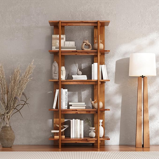 Christopher Knight Home Milio Modern 4 Shelf Bookcase, Acacia Solid Wood Book Organizer with Non-Slip Foot Pads, Sturdy Open Storage Shelf, Big Book Shelf, Floor Standing Unit, 70.20'' Height, Teak