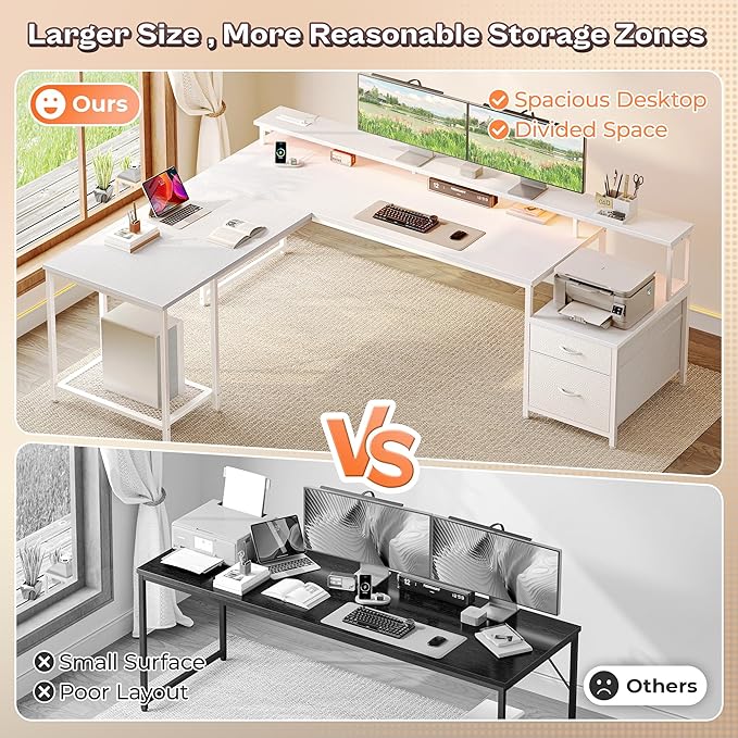 PRAISUN 66 Inch L Shaped Computer Desk with Power Outlets and LED Lights, Home Office Desk with Fabric Drawers and Print Stand, L Shape or Long Set up, Monitor Stand, Mesh CPU Stand, White