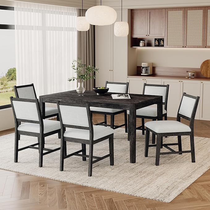 Merax 7 Pieces Retro Dining Set for 6, Rectangular Wood Dining Table with 6 Upholstered Chairs for Kitchen, Living Room, Espresso