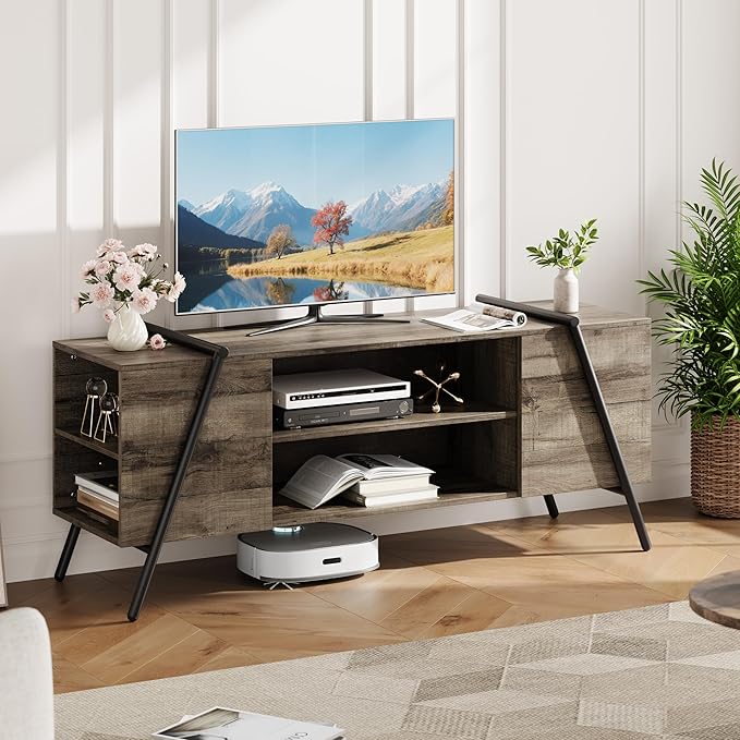 TV Stand for 65 60 55 50 Inch TV, 55" Mid Century Modern Entertainment Center with Adjustable Open Shelves & Metal Legs, Industrial Media Console Table for Living Room, Oak