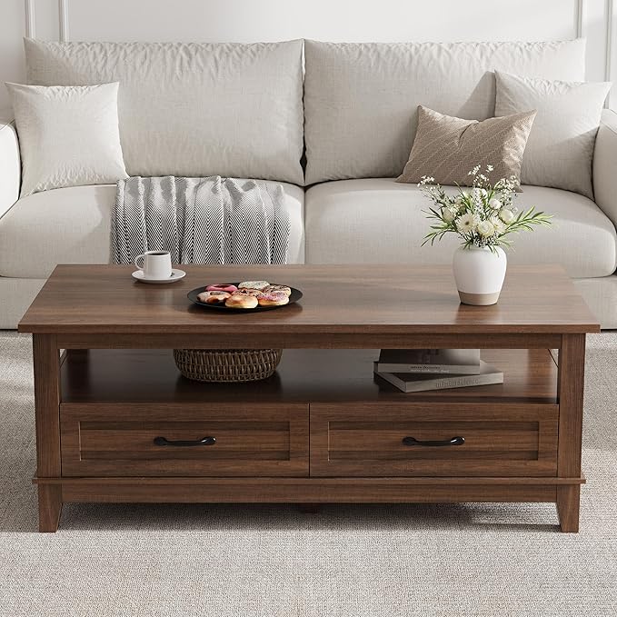 GarveeHome Farmhouse Coffee Table with Drawers, 47.2" Center Table Rustic Coffee Tables Walnut Center Table with Open Shelf, 6 Support Legs