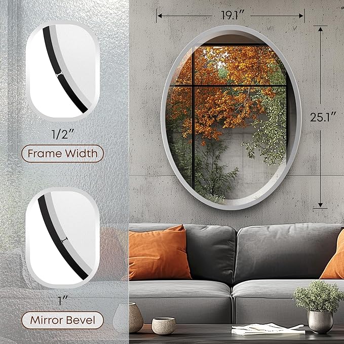 OVALCREST - Oval Wooden Beveled Wall Mirror for Home Decor, Bathroom, Vanity, Bedroom, Living Room, Hallway - London Style (Silver Spray) 19.1 x 25.1