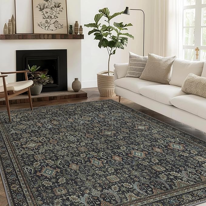 10X14 Area Rugs Machine Washable Rugs for Living Room, Vintage Boho Large Rugs for Bedroom Dining Room, Non Slip Indoor Soft Distressed Lightweight Thin Low Pile Carpet, Black