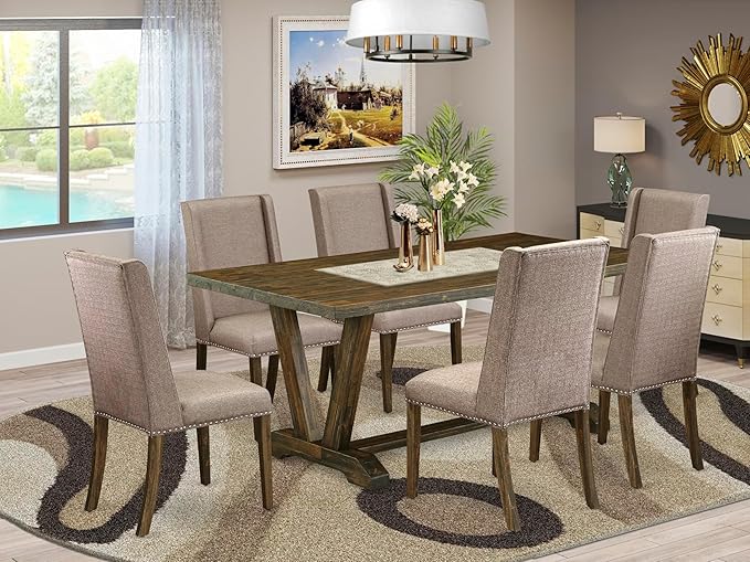 East West Furniture V777FL716-7 7 Piece Dining Room Table Set Consist of a Rectangle Kitchen Table with V-Legs and 6 Dark Khaki Linen Fabric Parsons Dining Chairs, 40x72 Inch, Multi-Color